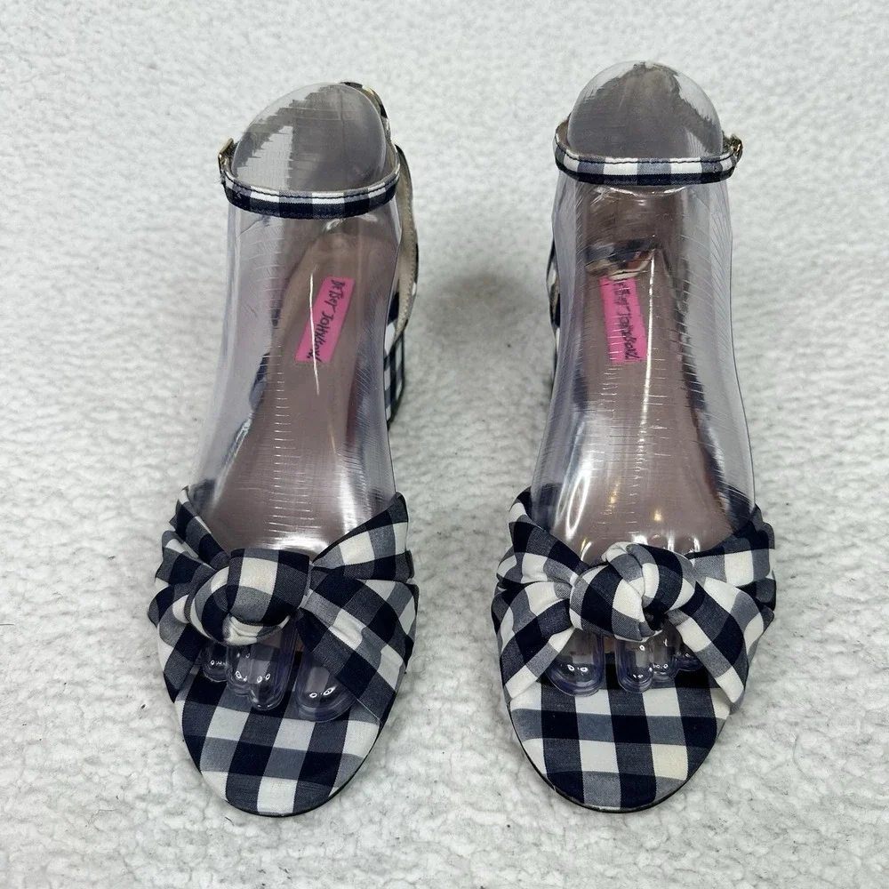 Betsey Johnson Ivee Gingham Bow Block Heel Sandals Navy White Size 7 Ankle Strap - Picture 2 of 10